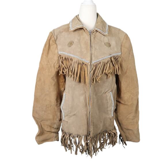 Vintage 70s tan suede leather fringe western jacket L - Picture 1 of 7